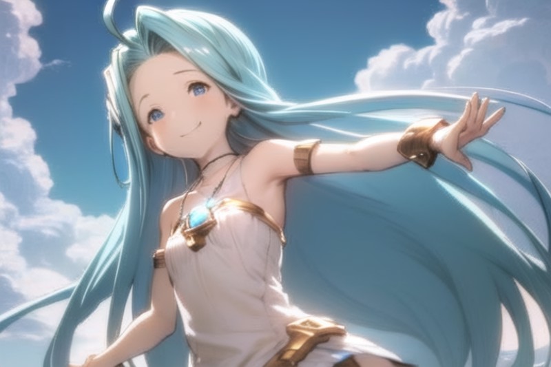 masterpiece, blue cloudy sky, (((1girl, solo))), (lyria, lyria_\(granblue_fantasy\)), blue eyes, light blue hair, very lon...